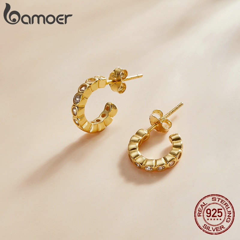 Khuyên tai BAMOER bạc 925 màu vàng kim chống dị ứng đính đá zircon cầu vồng trang sức thời trang cho nữ