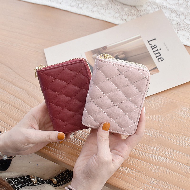 Ví Ngắn Nữ Cầm Tay Đựng Thẻ Khóa Kéo Sọc Caro V558 Kiểu Dáng Dễ Thương Phong Cách Hàn Quốc