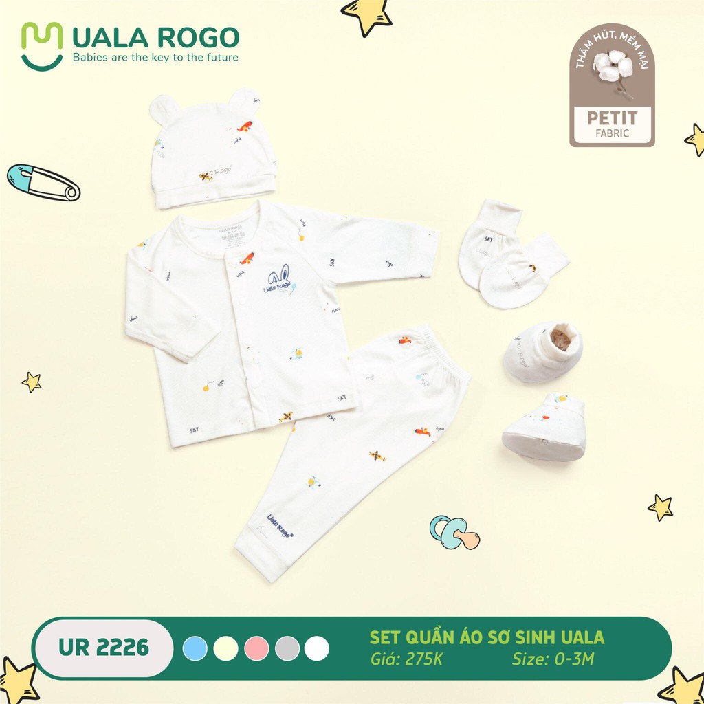 [Uala Rogo 2226] Set Combo Dài Tay Cúc Giữa Sơ Sinh Petit Siêu Mềm Mịn Cao Cấp In Hình | Nón, Bao Tay, Bao Chân