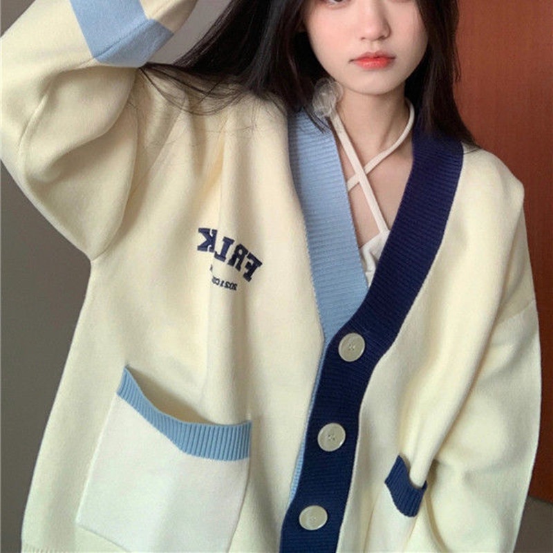 Áo khoác cardigan SUXI dệt kim cổ chữ V thêu họa tiết phong cách Hàn Quốc dành cho nữ