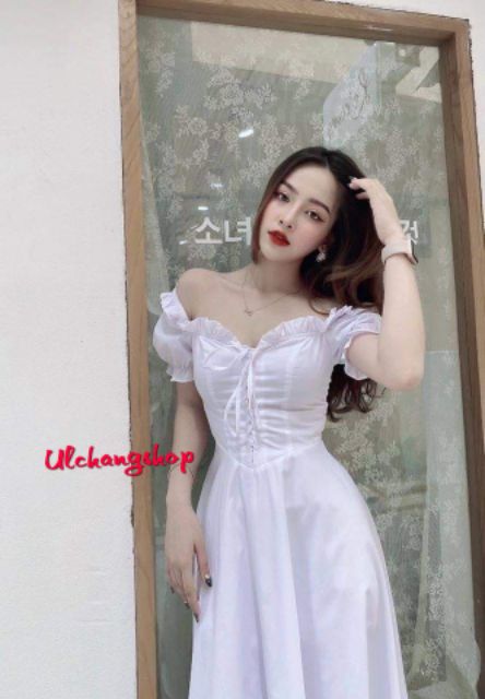 Đầm trắng xòe đan dây ngực mặc 2 kiểu ulzzang hàn quốc