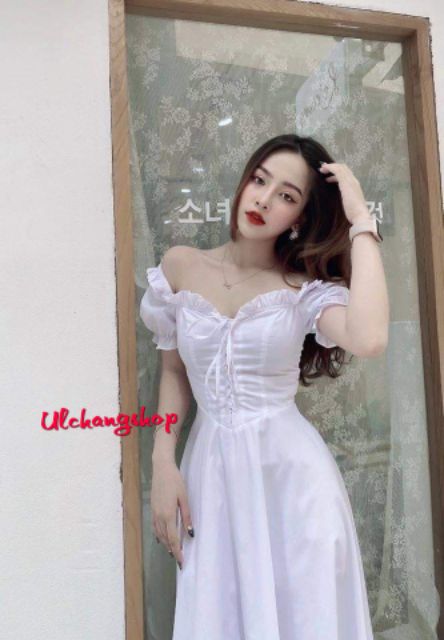 Đầm trắng xòe đan dây ngực mặc 2 kiểu ulzzang hàn quốc | BigBuy360 - bigbuy360.vn