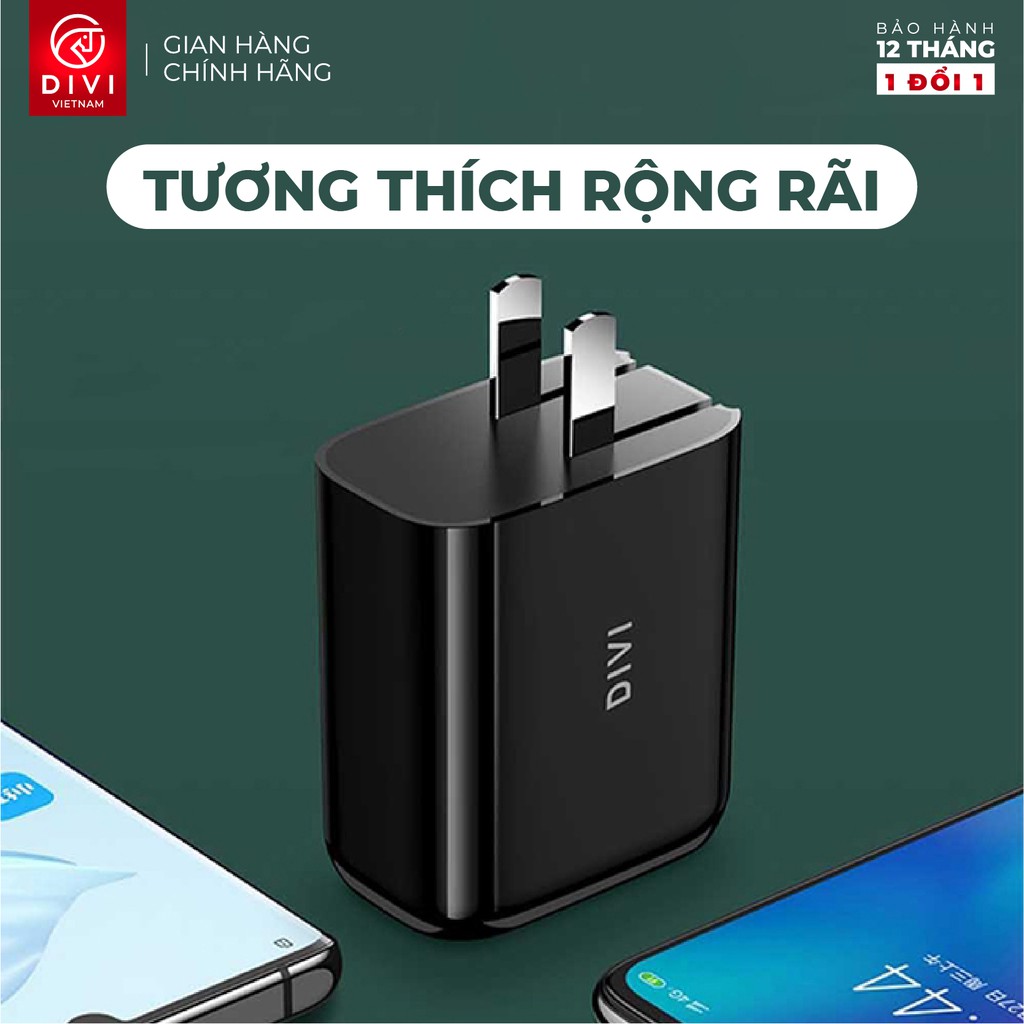 Củ sạc nhanh DIVI P2208 hỗ trợ PD, QC 3.0 Công suất 30W - USB 2.0 + Type C - Hàng chính hãng - Bảo hành 12 tháng 1 đổi 1