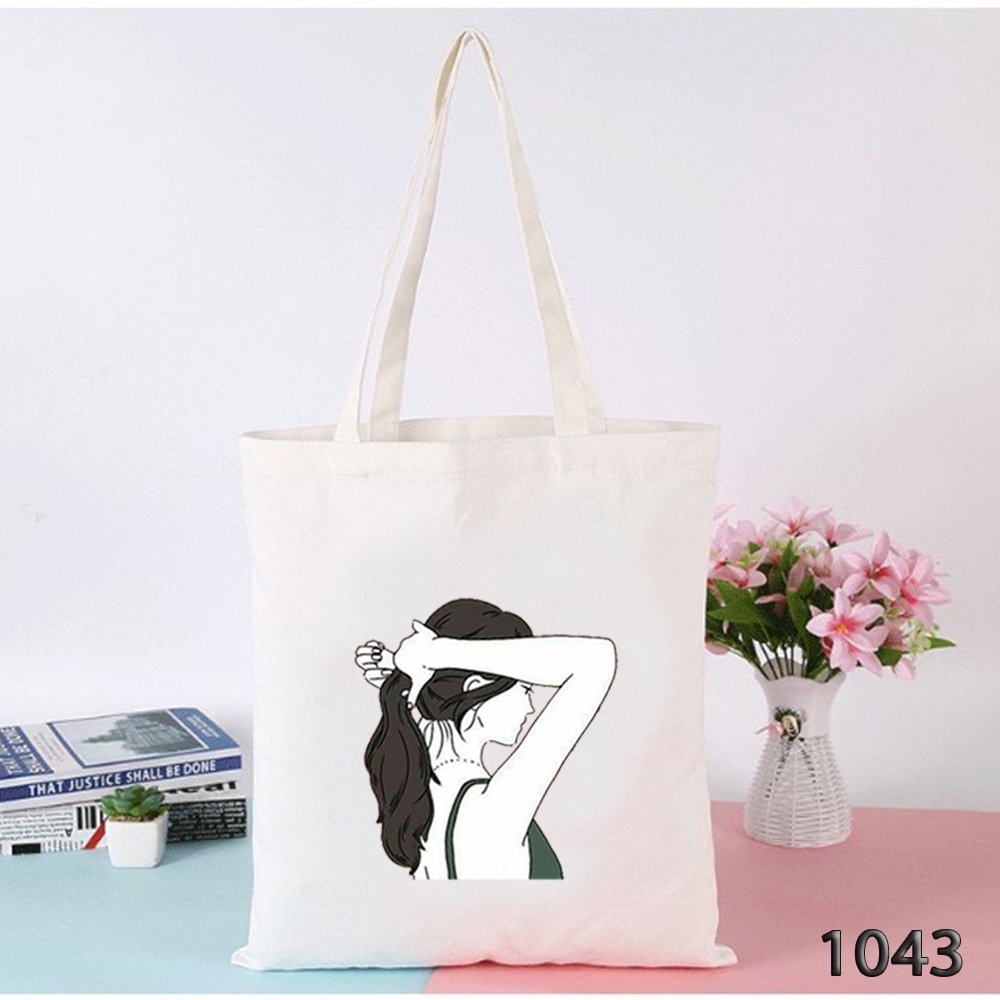 Túi Tote Đeo Vai Vải Canvas Mềm Có Khóa Miệng Đựng Vừa A4 1043 In Họa Tiết Cô Bé Buộc Tóc Dễ Thương