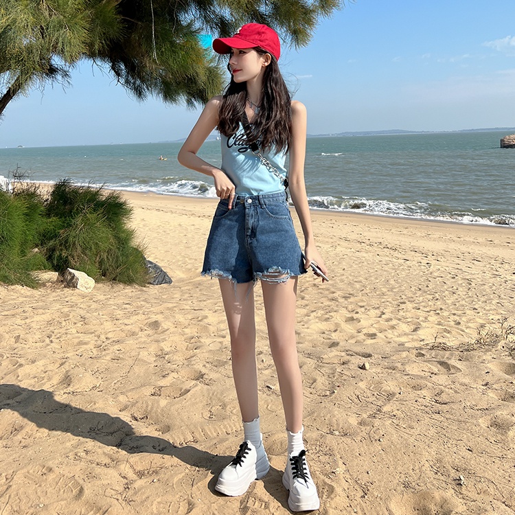 Quần Short Denim Lưng Cao Ống Rộng Theo Phong Cách Retro Hàn Quốc