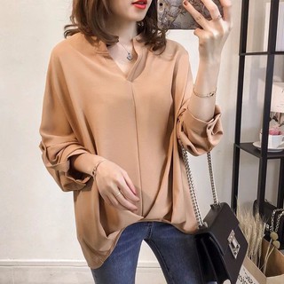 Áo nữ cổ V tay phồng màu trơn phong cách Hàn Quốc