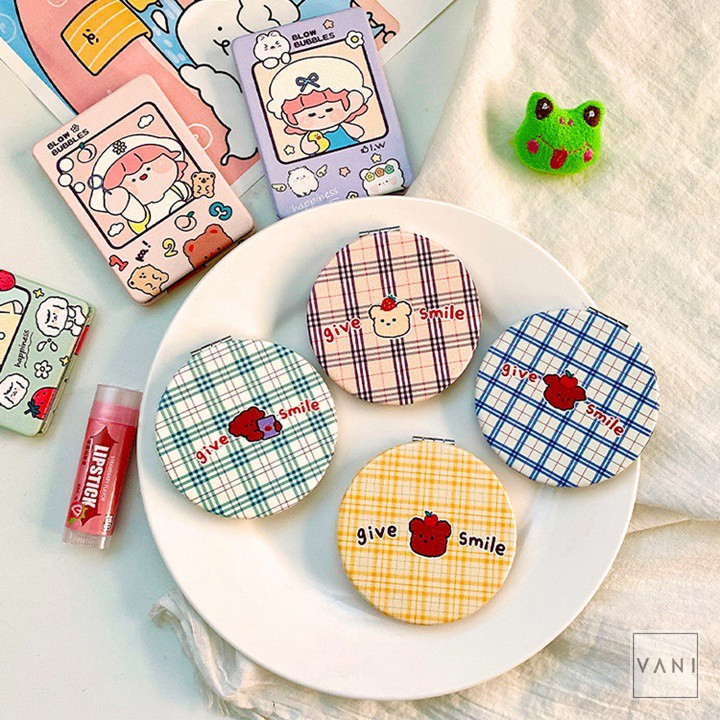 Gương Cầm Tay Mini Gấp Gọn Hình Tròn Mini Sọc Caro Siêu Đáng Yêu - Vani Store [VPP00151]