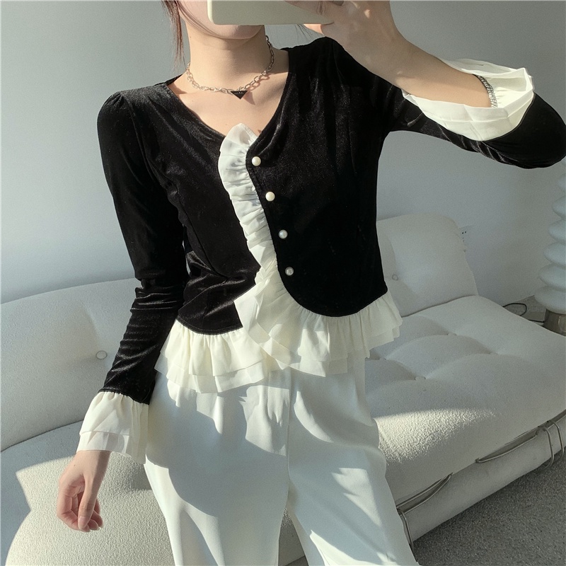 Áo nhung tay dài phối bèo thời trang mùa đông dễ phối đồ