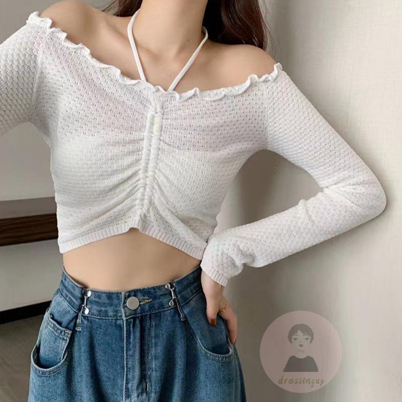 Áo Tank Top Tay Dài Hở Vai Màu Sắc Đơn Giản Dành Cho Nữ