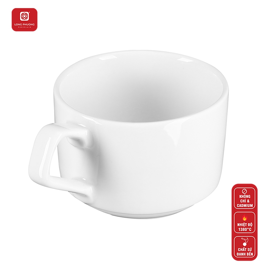Chén uống trà quai vuông Long Phương - Bằng sứ trắng dung tích 80ml và 120ml