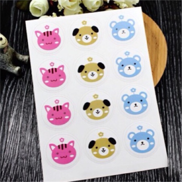 Sticker tròn hình thú (12 tem/bảng)