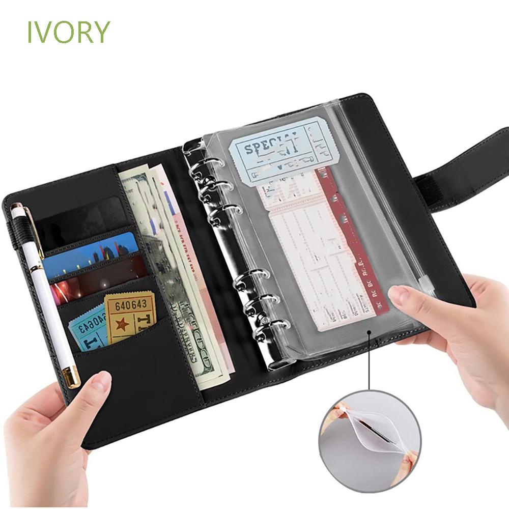 Bộ bìa sổ tay khổ A6 bằng da với 12 tấm thu chi lập kế hoạch 8 ngăn trong suốt và 6 vòng đóng gáy 2 miếng dán nhãn