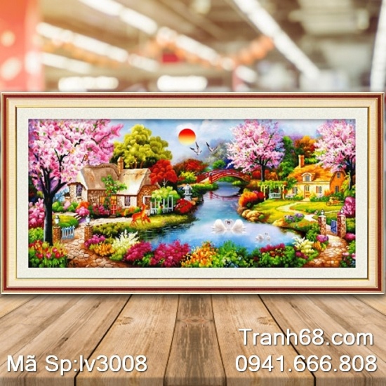 Tranh thêu chữ thập Lavender phong cảnh Mùa Xuân Ấm Áp LV3008 ,size 132x62cm, chuẩn hãng.