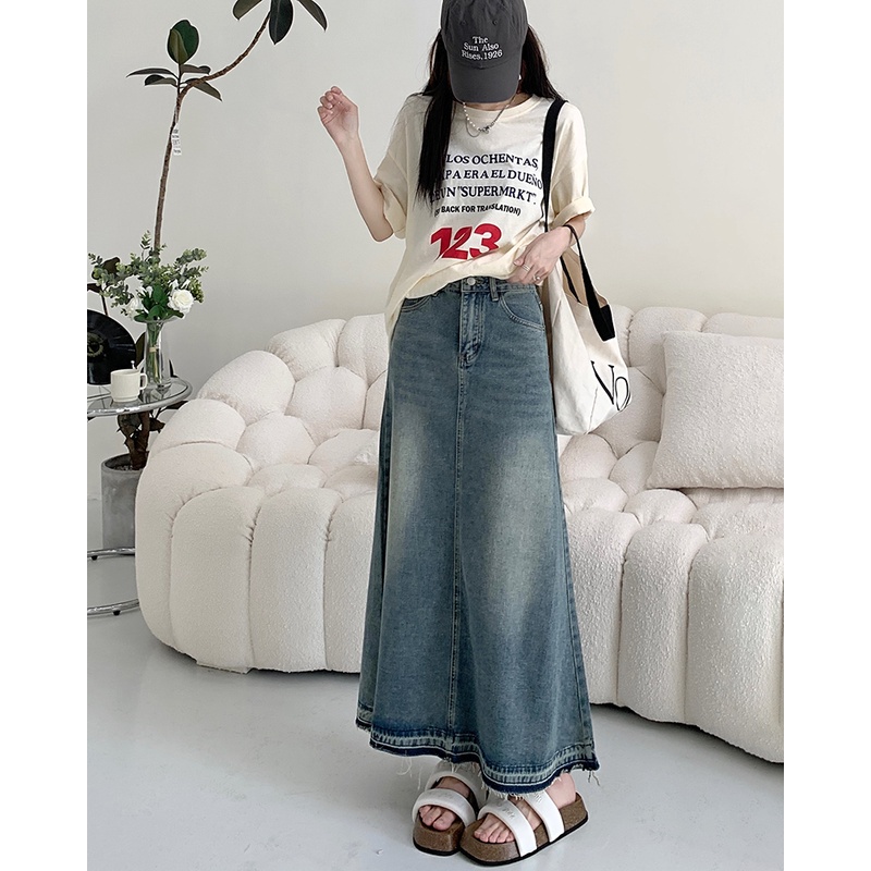 QOEDDV Chân Váy Denim Dài Dáng Chữ a Phong Cách Retro Thời Trang Mùa Thu Kiểu Mới