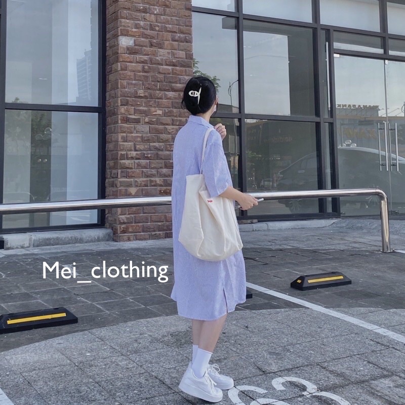 [Ảnh thật/video] Váy sơmi kẻ suông tay lửng Hàn Quốc chất xốp lạ mắt