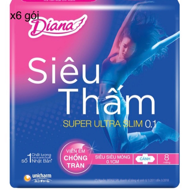 Bộ 6 gói băng vệ sinh Diana siêu thấm siêu siêu mỏng 0.1 gói 8 miếng 23 cm