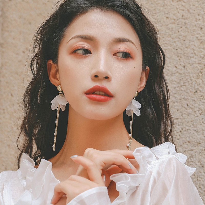 Bông Tai Bạc 925 Đính Ngọc Trai Tua Rua Phong Cách Hàn Quốc Thời Trang
