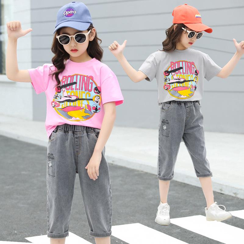 Set áo thun dài tay cổ tròn + Quần jeans dài thời trang cho bé gái 3-14 tuổi