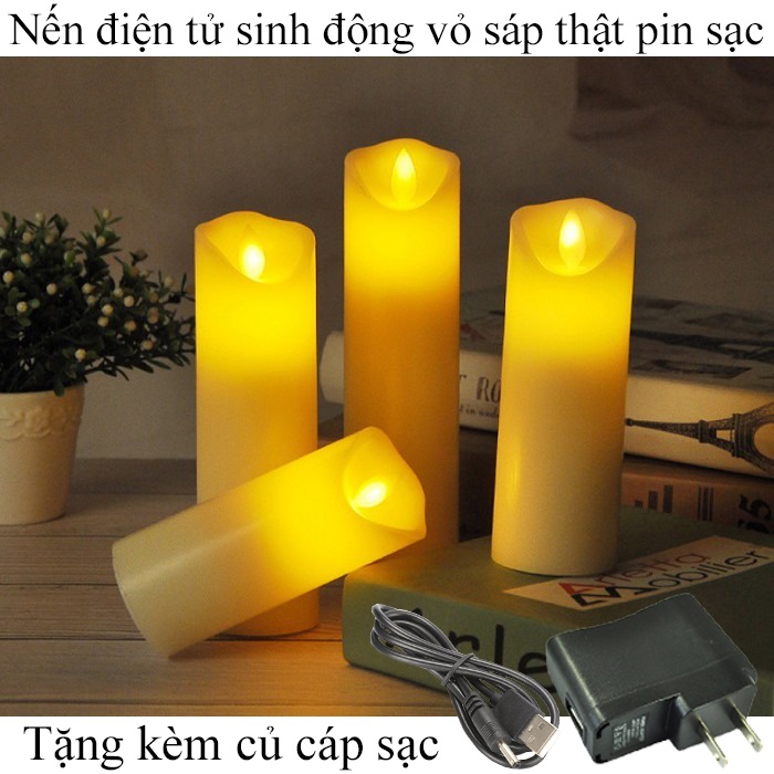 Nến điện tử sinh động sáp thật pin sạc đường kính 5cm tặng kèm củ và dây sạc