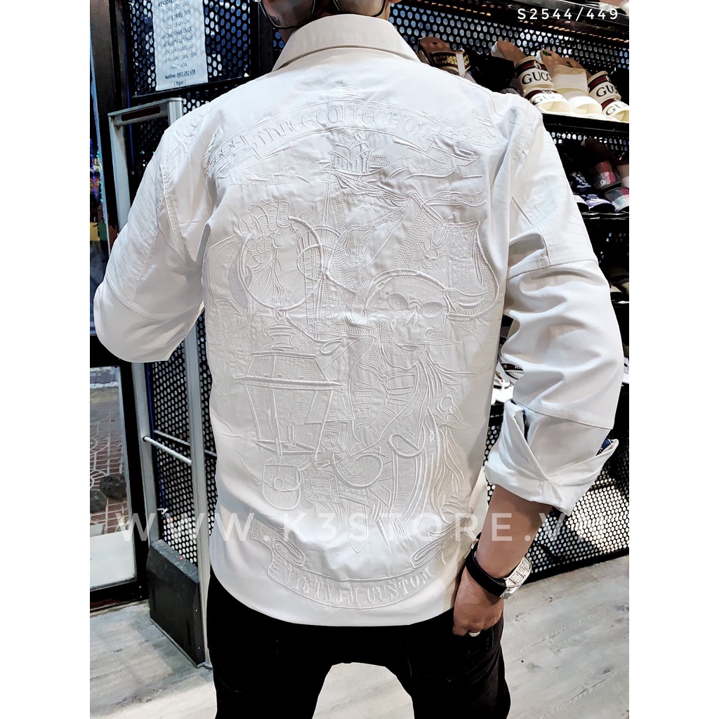 Áo sơ mi nam trắng tay dài thêu ẩn full lưng cướp biển đầu lâu chất kaki dày dặn co dãn nhẹ K3 STORE