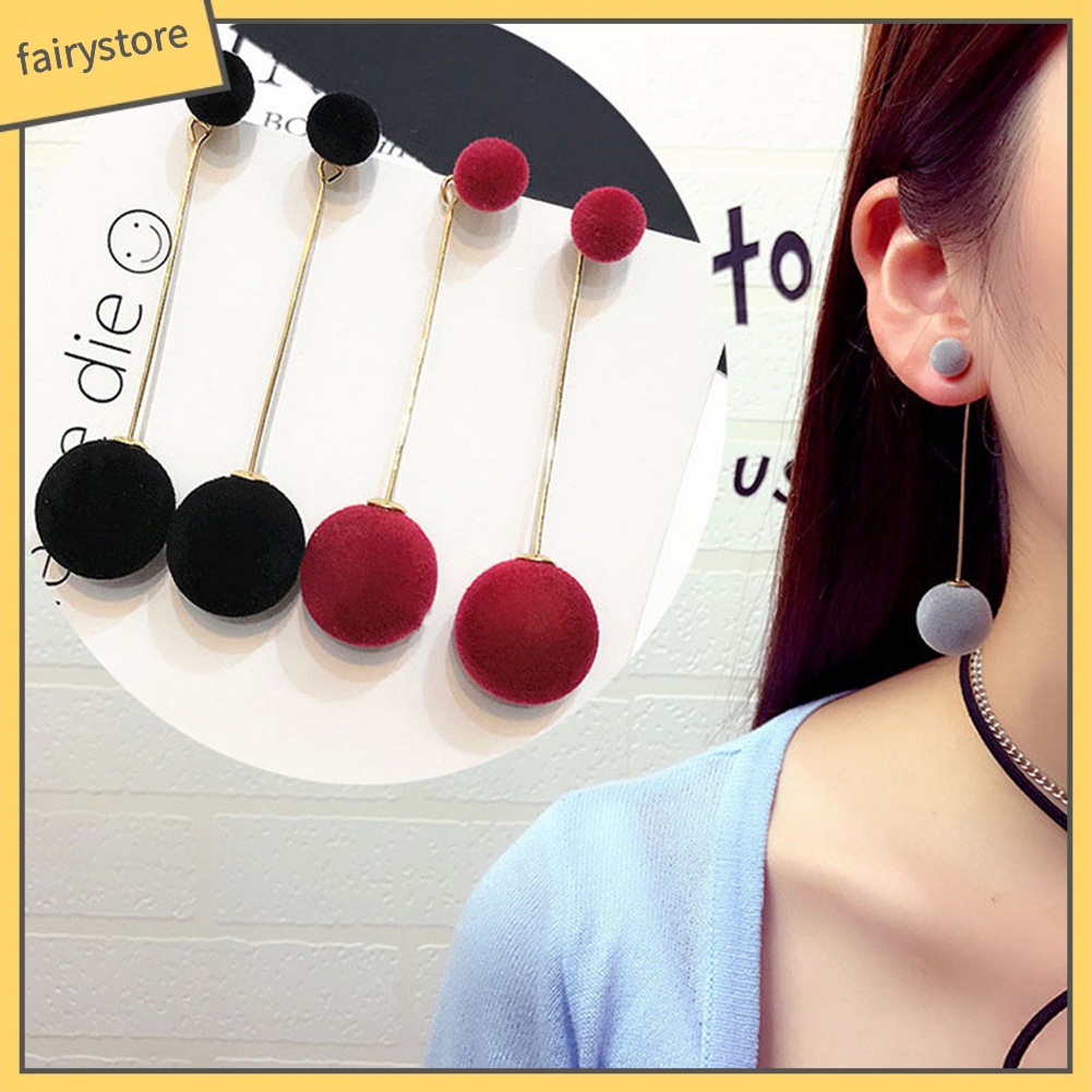 Khuyên Tai Dáng Dài Đính Quả Bông bằng Lông thú giả xinh xắn