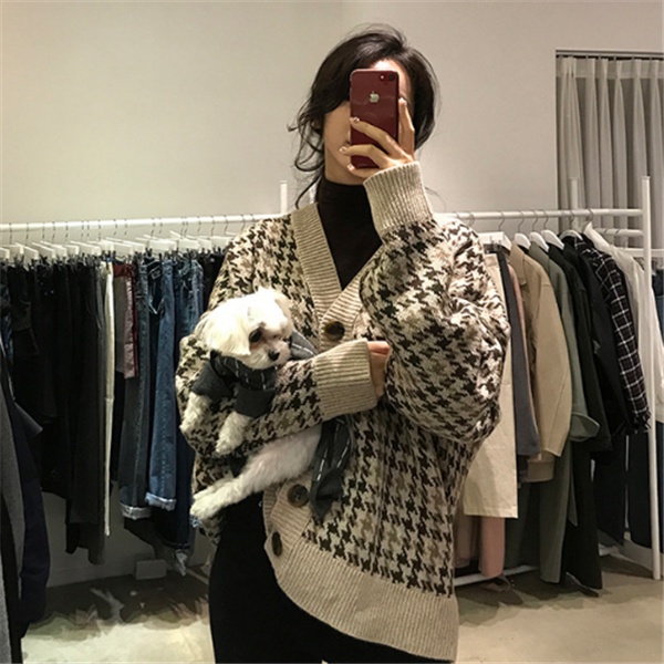 Áo khoác sweater dệt kim cổ chữ V phong cách Hàn Quốc retro cho nữ