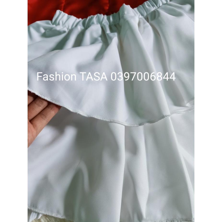 TCO Set áo sơ mi đỏ nút bọc tay phồng croptop thắt nơ lưng phối chân váy trắng 2 tầng có quần trong tiểu thư