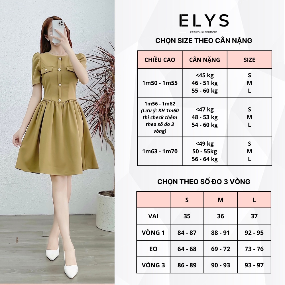Váy Đầm Tiểu Thư Công Sở ELYS Chất Tuyết Mưa Cao Cấp Thiết Kế Tay Bồng Xếp Ly Dáng Xòe Phối Cúc LY018
