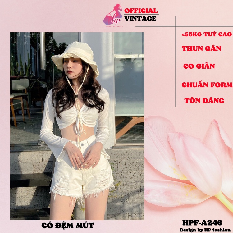 Áo croptop tay dài cổ V, áo nữ body tay loa thun gân màu đen kiểu dáng hàn quốc A246