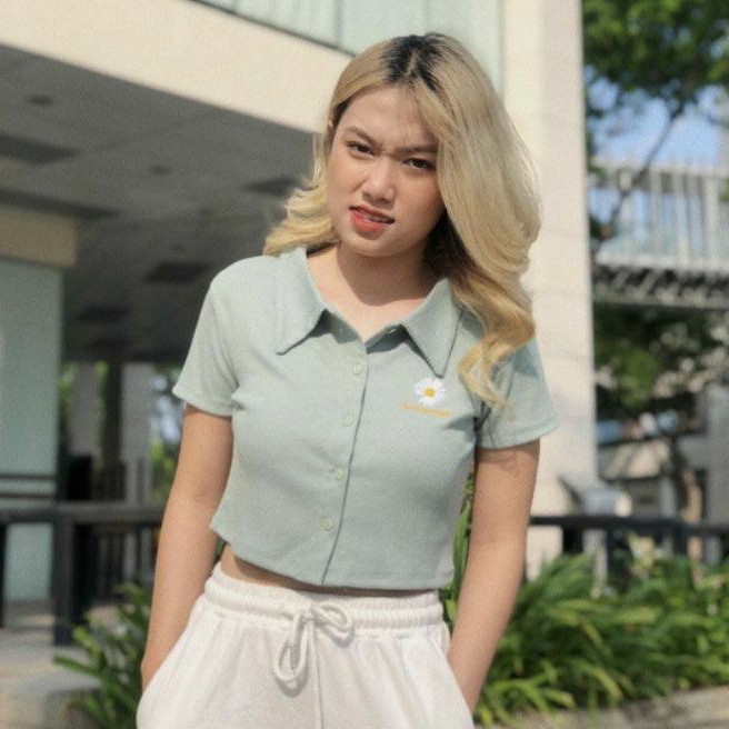 ÁO CROPTOP CỔ BẺ CÚC THẬT THÊU HOA CÚC - A3HC