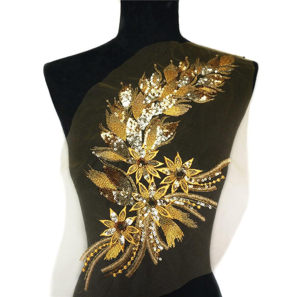 Vàng Thêu Sequin Hoa Ren Đính Lưới Viền May Vải Miếng Dán Họa Tiết Váy Cưới Cô Dâu DIY Thủ Công