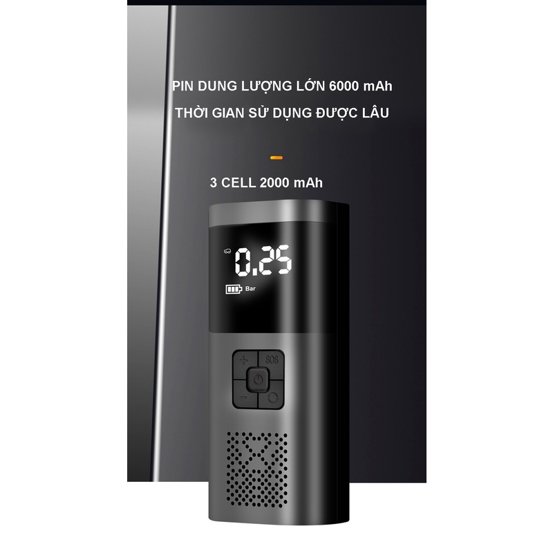 BƠM LỐP XE HƠI ĐA NĂNG MINI NHỎ GỌN CÓ ĐỒNG HỒ ĐO ÁP SUẤT CỔNG SẠC USB PIN 6000 mAh CÔNG SUẤT 120W ÁP 150 PSI