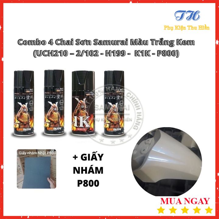 Combo 4 Chai Sơn Samurai Màu Trắng Kem Gồm: UCH210 – 2/102 - H199 -  K1K - P800 ( Kèm Giấy Nhám )