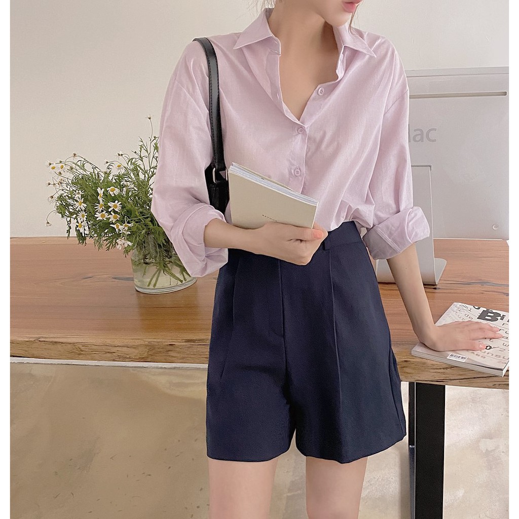 Áo sơ mi peppermint 44747 thiết kế cơ bản tay dài cổ polo phong cách Hàn Quốc dành cho nữ