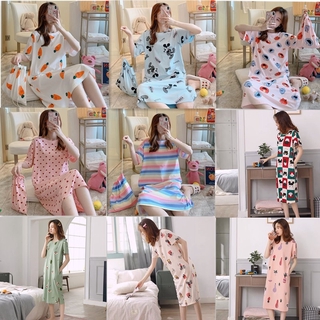Đầm ngủ ngắn tay in họa tiết xinh xắn phong cách Hàn Quốc thoải mái cho bạn nữ