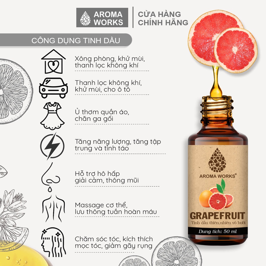 Tinh Dầu Bưởi Aroma Works Grapfruit Thiên Nhiên Thơm Phòng, Kích Thích Mọc Tóc