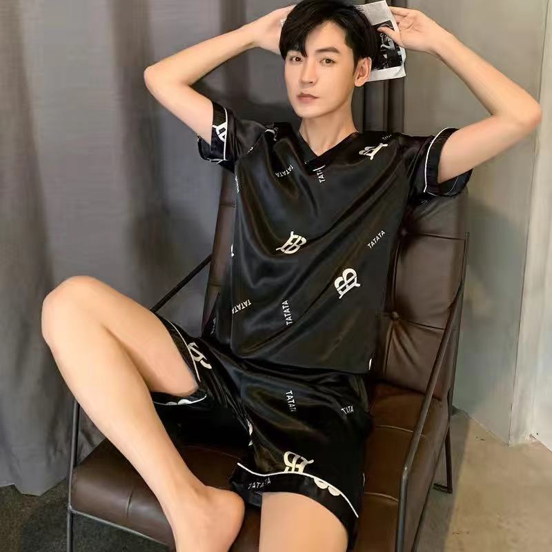 Bộ đồ ngủ vải lụa satin tay ngắn phong cách Hàn Quốc thời trang dành cho nam