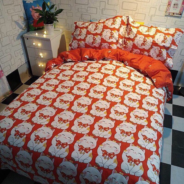 bộ chăn ga gối mèo đỏ cotton poly