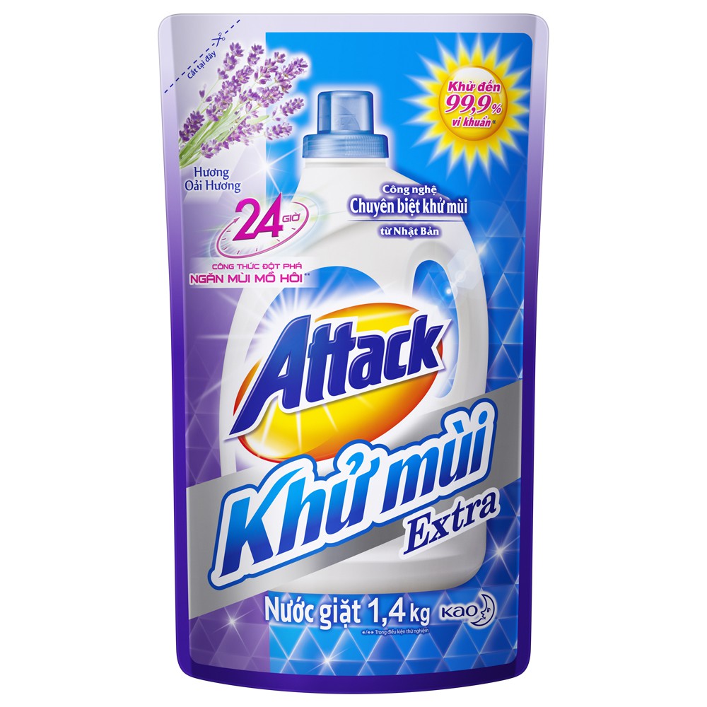 Nước giặt Attack Khử Mùi Extra Hương Anh Đào/Hương Oải Hương  Túi 1.4kg