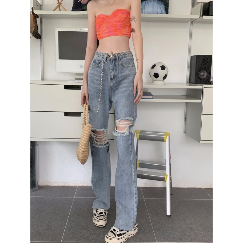 Jiashucheng Quần Jean Dài Rách Gối Phong Cách Retro Cá Tính Dành Cho Nữ