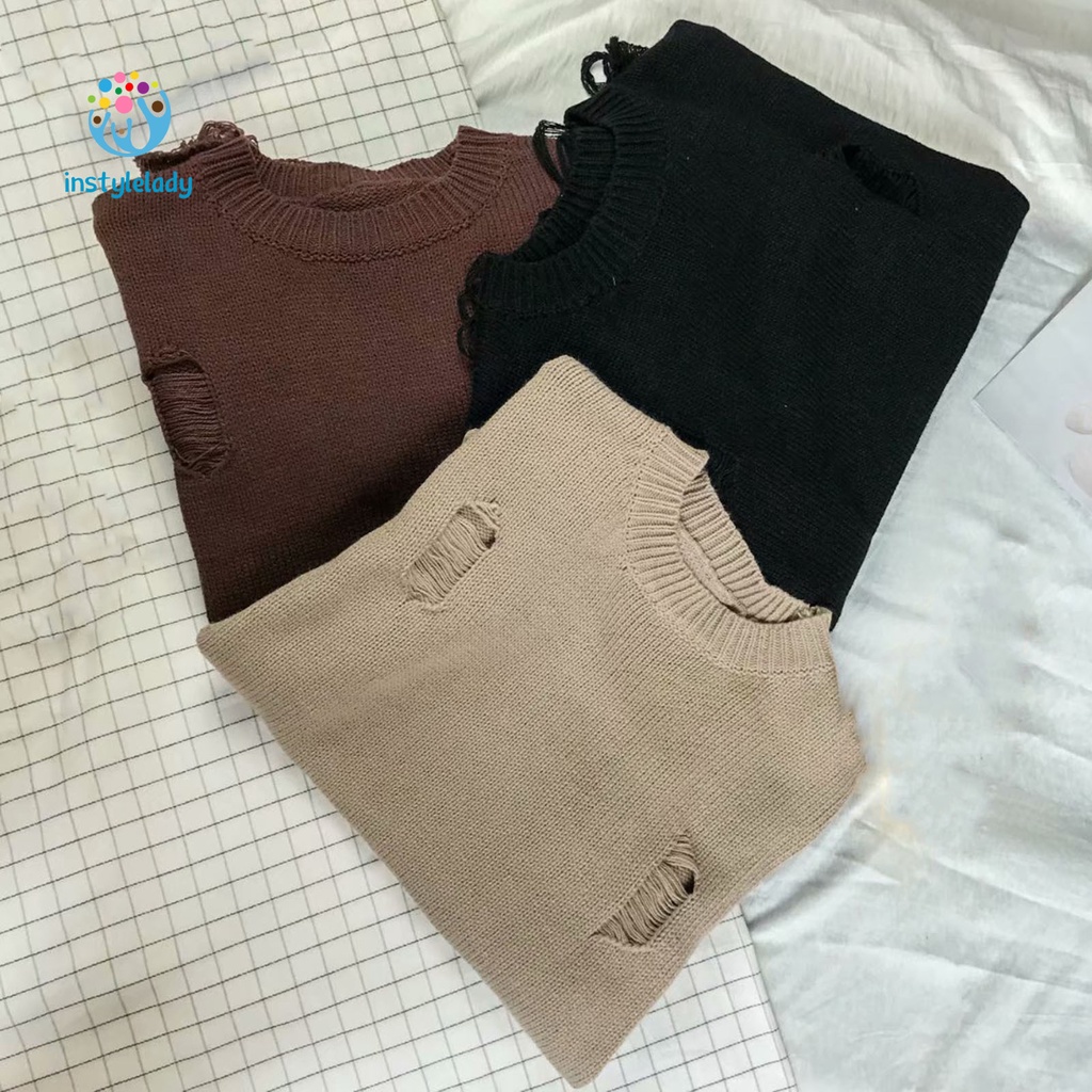 Áo sweater phối rách thời trang đường phố trẻ trung cá tính