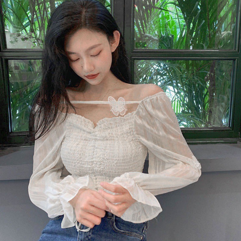 Women's Solid V Neck Butterfly Appliques Sexy Long Sleeve Chiffon Shirts Blouses