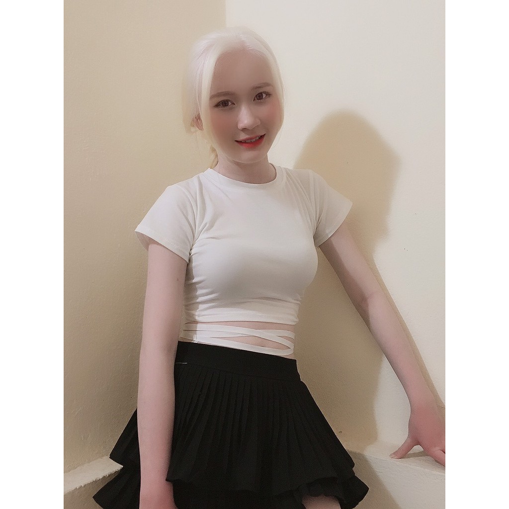 [ Mã WASTAPR giảm 10K đơn 50K] Áo crotop ngắn tay cổ tròn đan dây bụng shynstores | BigBuy360 - bigbuy360.vn