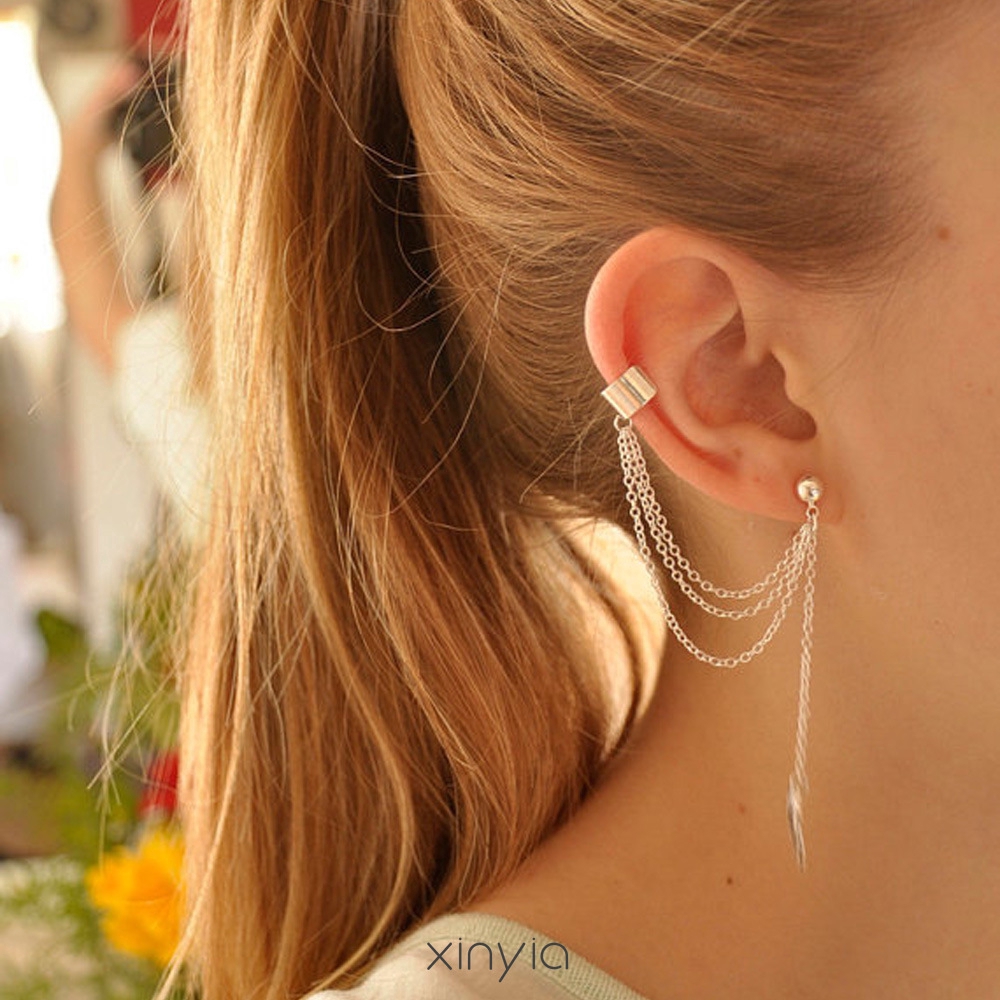 Khuyên tai kẹp vành tai kim loại dạng chuỗi xích cá tính cho nữ