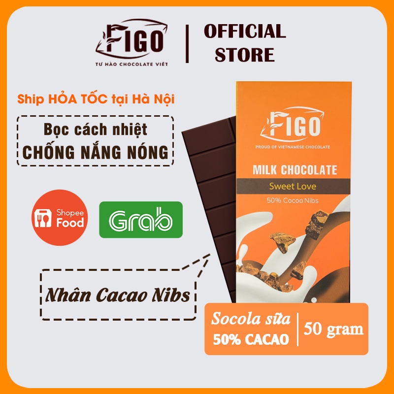 [Chính hãng] Socola sữa 50% Cacao nhân Cacao Nibs Thương hiệu ChocolateFigo | Milk Chocolate Nibs Thanh 50gr ĂN LÀ NGHỀN