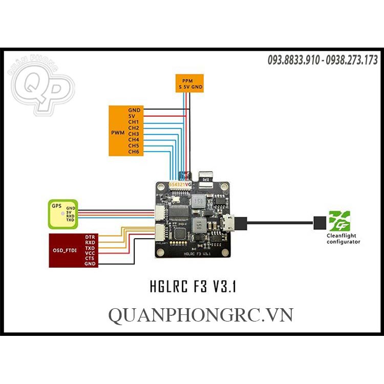 Mạch HGLRC SP Racing F3 V3.1 FPV Flight Controller OSD 12V / 5V 3A BEC + PDB