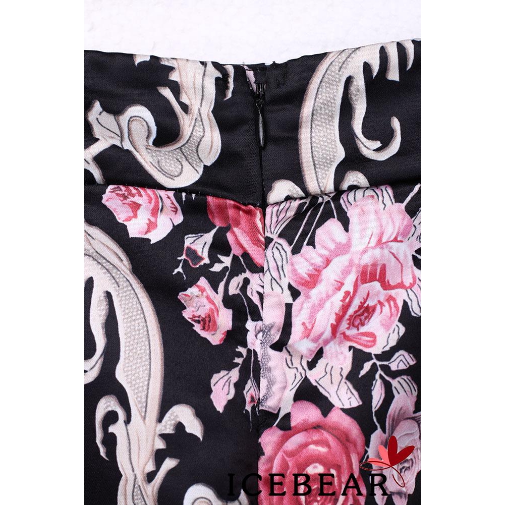 A2R-Vintage Women Floral Stretch High Waist Pleated Swing Long Dress Party A-Line Skirt
