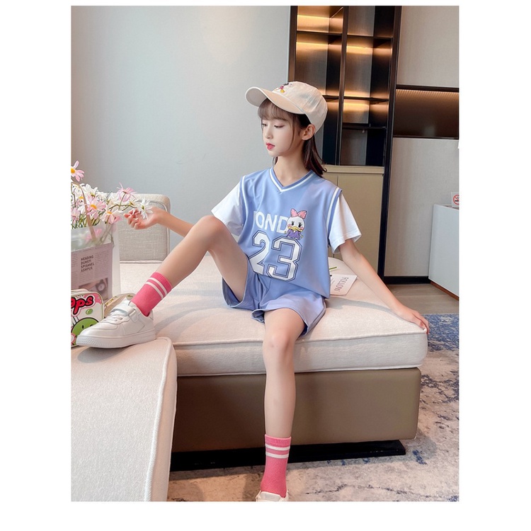 Bộ Trang Phục Thể Thao Hai Mảnh Mùa Hè Gồm Áo Thun Và Quần Short Bóng Rổ Phong Cách Phương Tây Cho Bé Gái