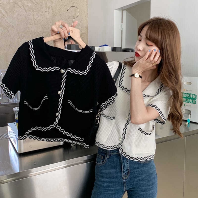 Áo Cardigan Dệt Kim Mỏng Tay Ngắn Cổ Búp Bê Kiểu Pháp Thời Trang Mùa Hè Hàng Mới Dành Cho Bạn Nữ