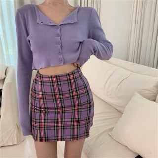 Set Set áo len croptop tay dài+ chân váy ulzzang caro tím siêu hot (hàng có sẵn) 🌟🌟🌟